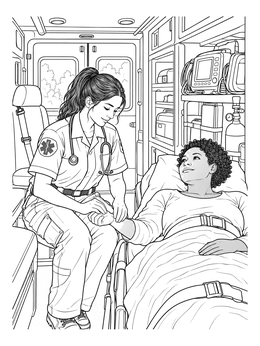 An EMT checks a patient's pulse in an ambulance in this emergency service coloring page.