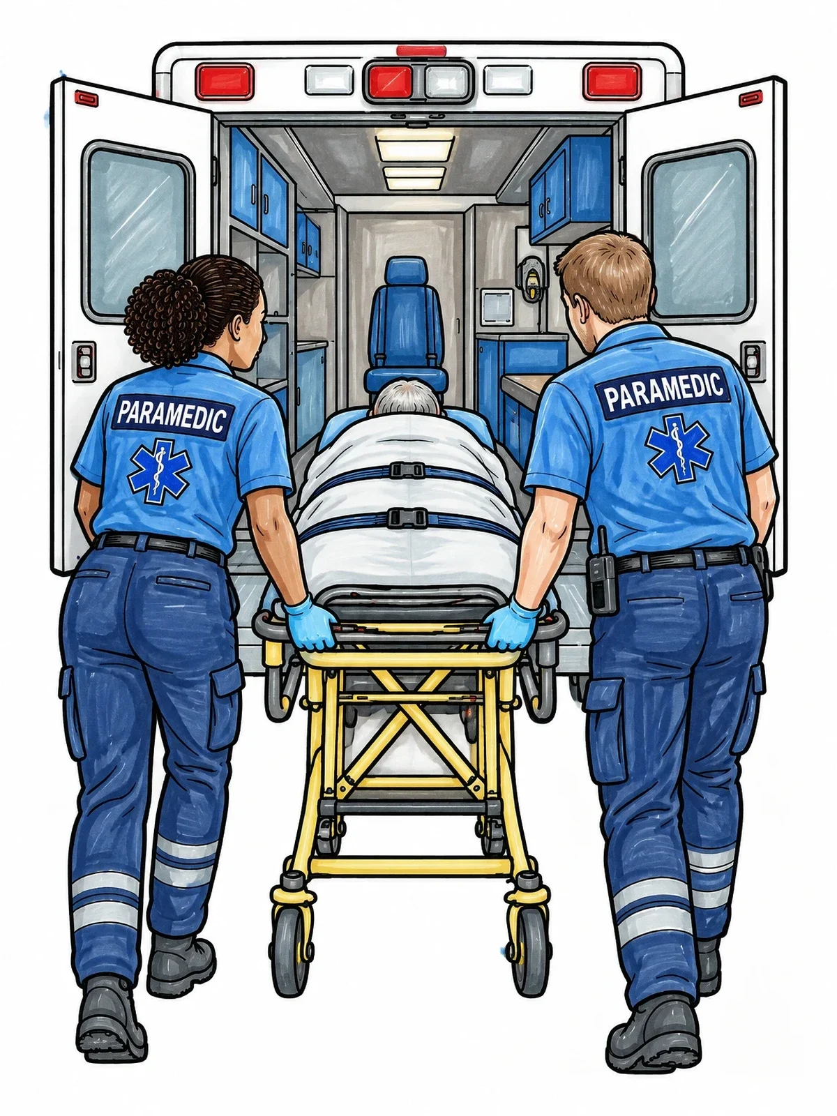 Colored example of the Paramedics Loading Stretcher Into Ambulance coloring page