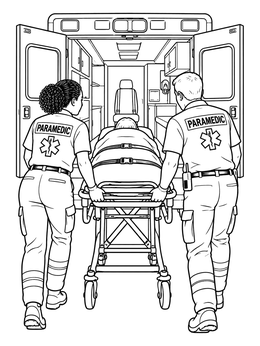 Two paramedics pushing a wheeled stretcher into an ambulance on this emergency service coloring page.