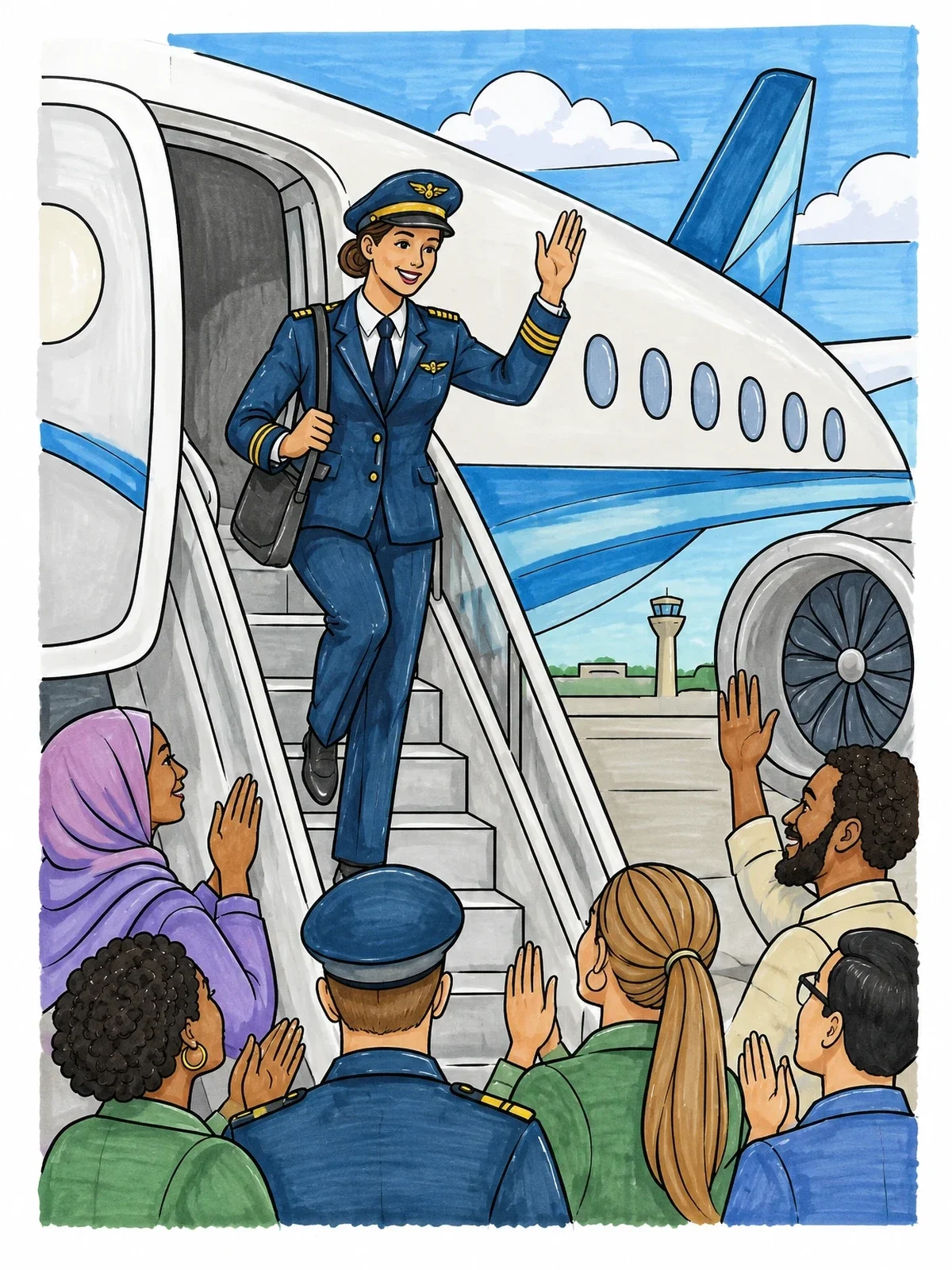 Colored example of the Pilot Welcomed By Supporters coloring page