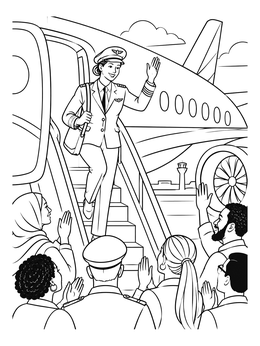 A pilot descending airplane stairs in this community service coloring page.