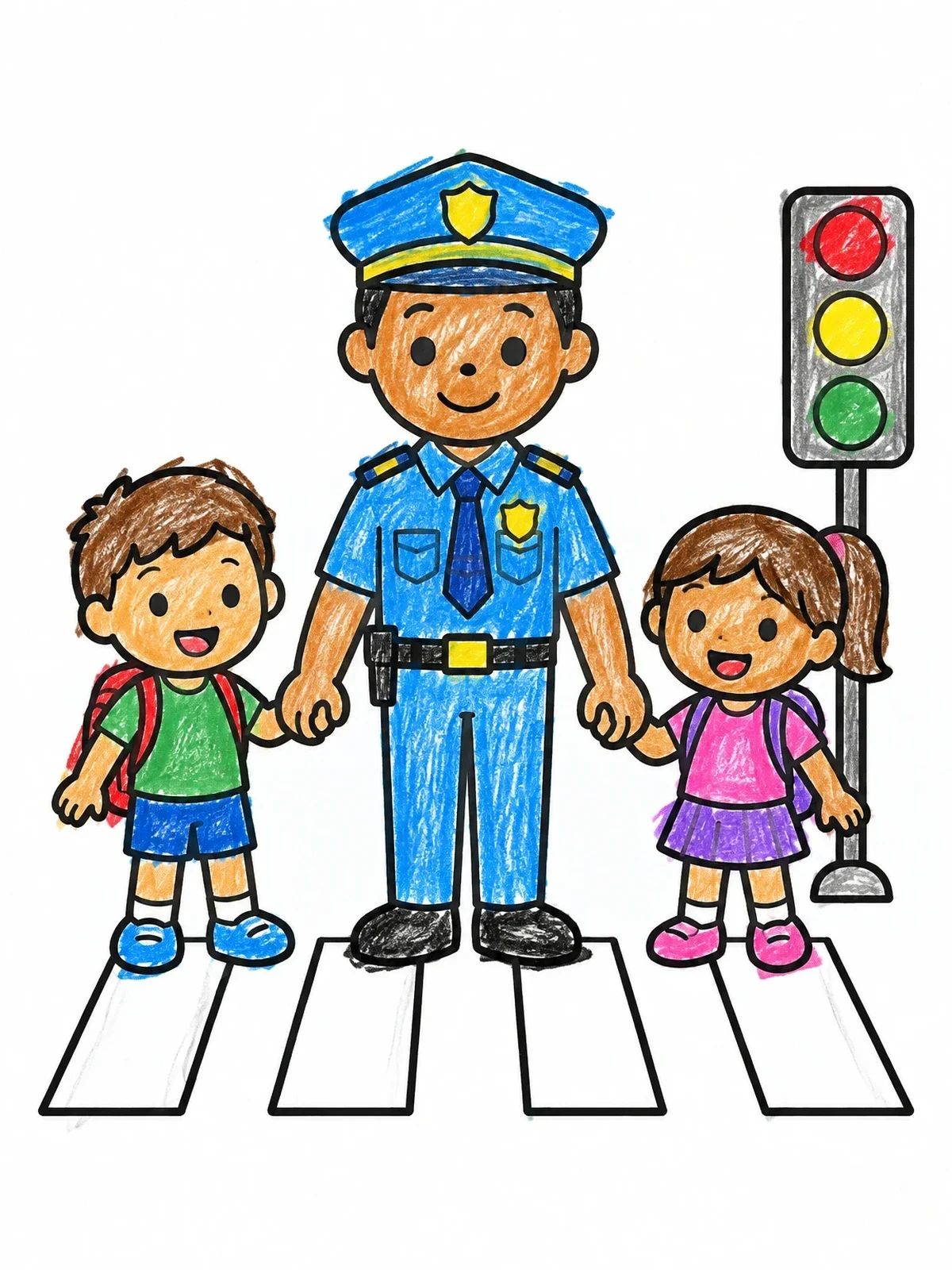 Colored example of the Police Officer Helping Kids Cross coloring page