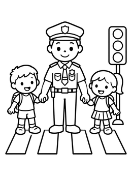 Free printable Police Officer Helping Kids Cross coloring page