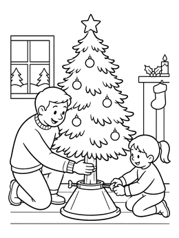 Father and daughter secure a tree in a stand on this christmas tree coloring page.