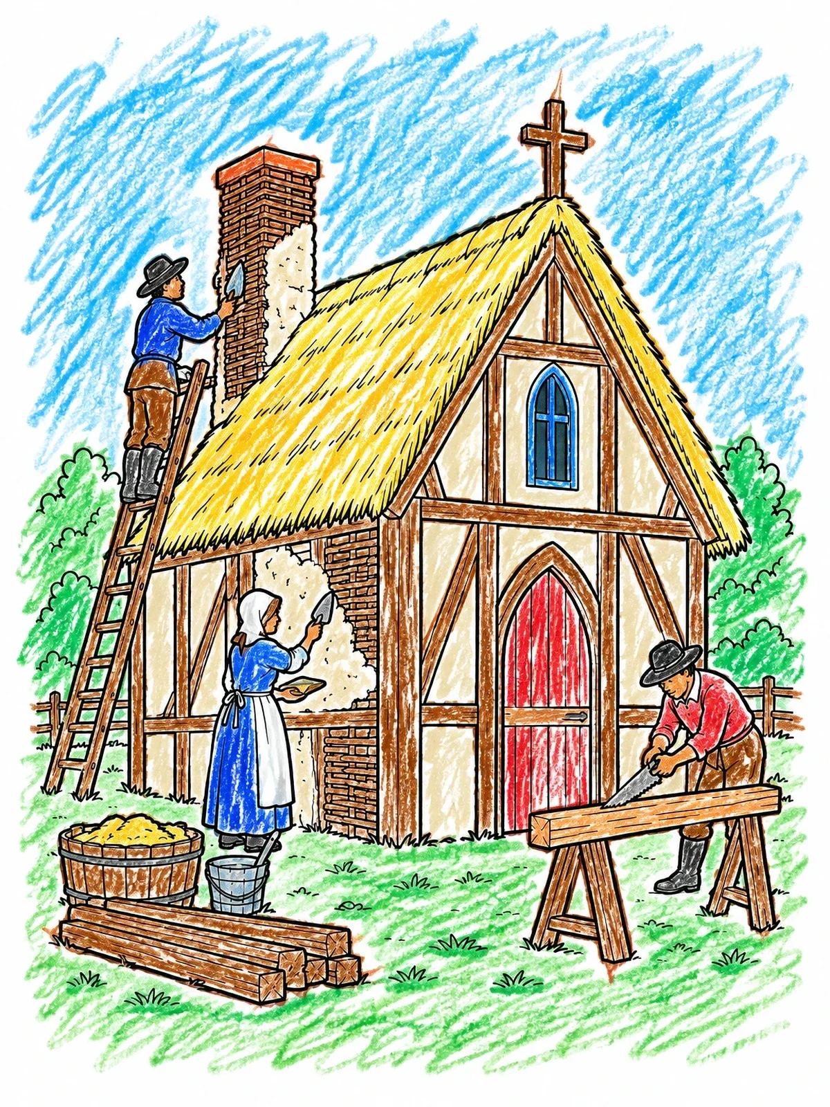 Colored example of the Settlers Building A Timber Church coloring page