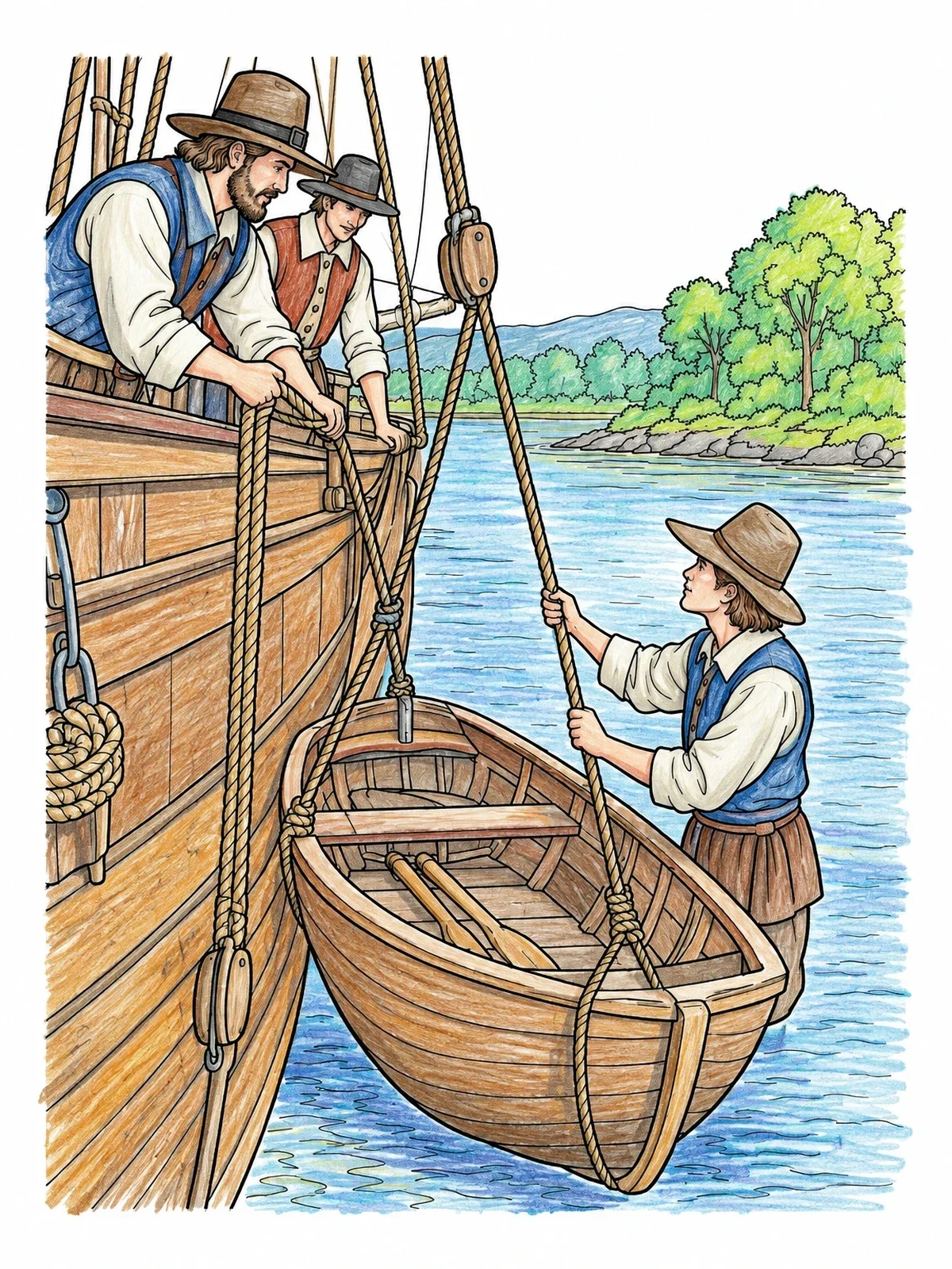 Colored example of the Settlers Lowering A Rowboat coloring page