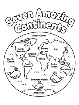 Free printable Seven Amazing Continents World Map coloring page