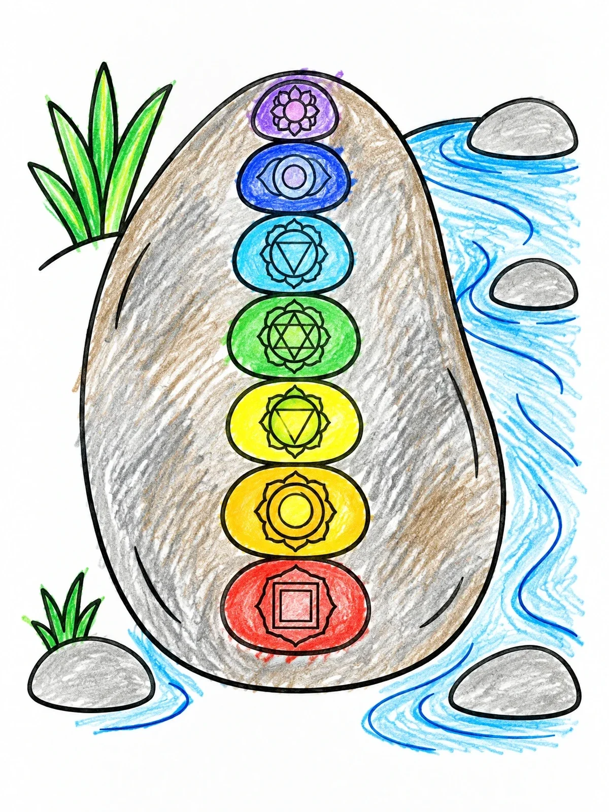 Colored example of the Seven Chakra Stones On River Boulder coloring page