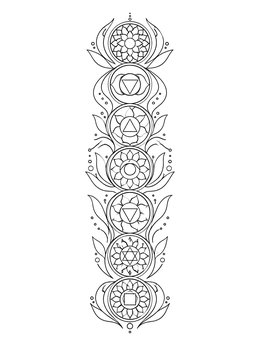 A serene vertical chakra coloring page featuring the seven energy centers aligned with floral flourishes.