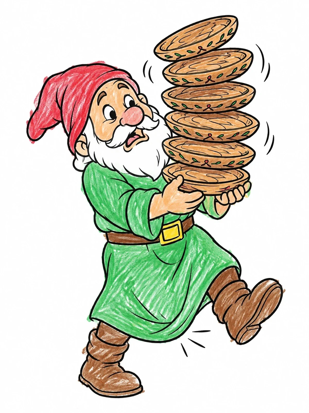 Colored example of the Clumsy Dwarf Balancing A Stack Of Plates coloring page