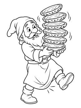 A clumsy dwarf wobbles with stacked dishes on this seven dwarfs coloring page.