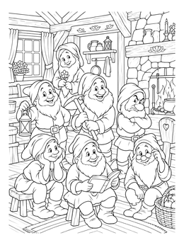 A detailed seven dwarfs coloring page inside a cozy woodland cottage.