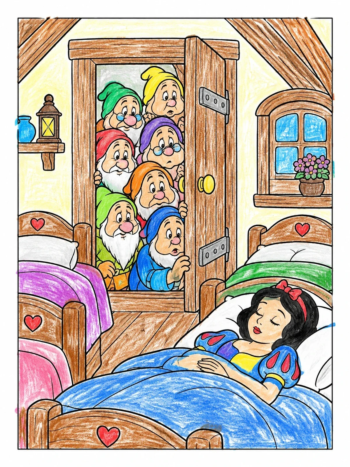 Colored example of the Seven Dwarfs Finding Sleeping Princess coloring page