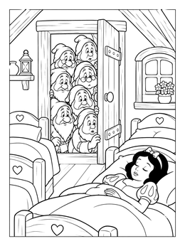 Free printable Seven Dwarfs Finding Sleeping Princess coloring page