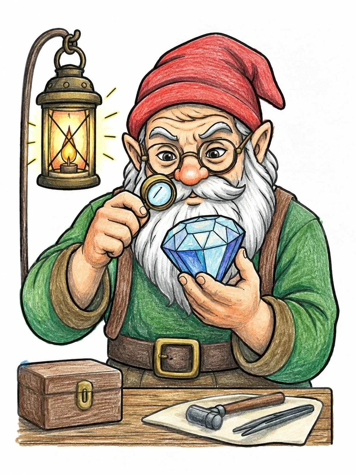 Colored example of the Dwarf Inspecting A Sparkling Gemstone coloring page