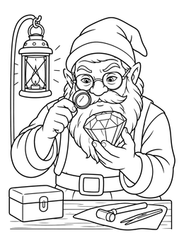 A dwarf examining a large diamond with a magnifying glass in this seven dwarfs coloring page.