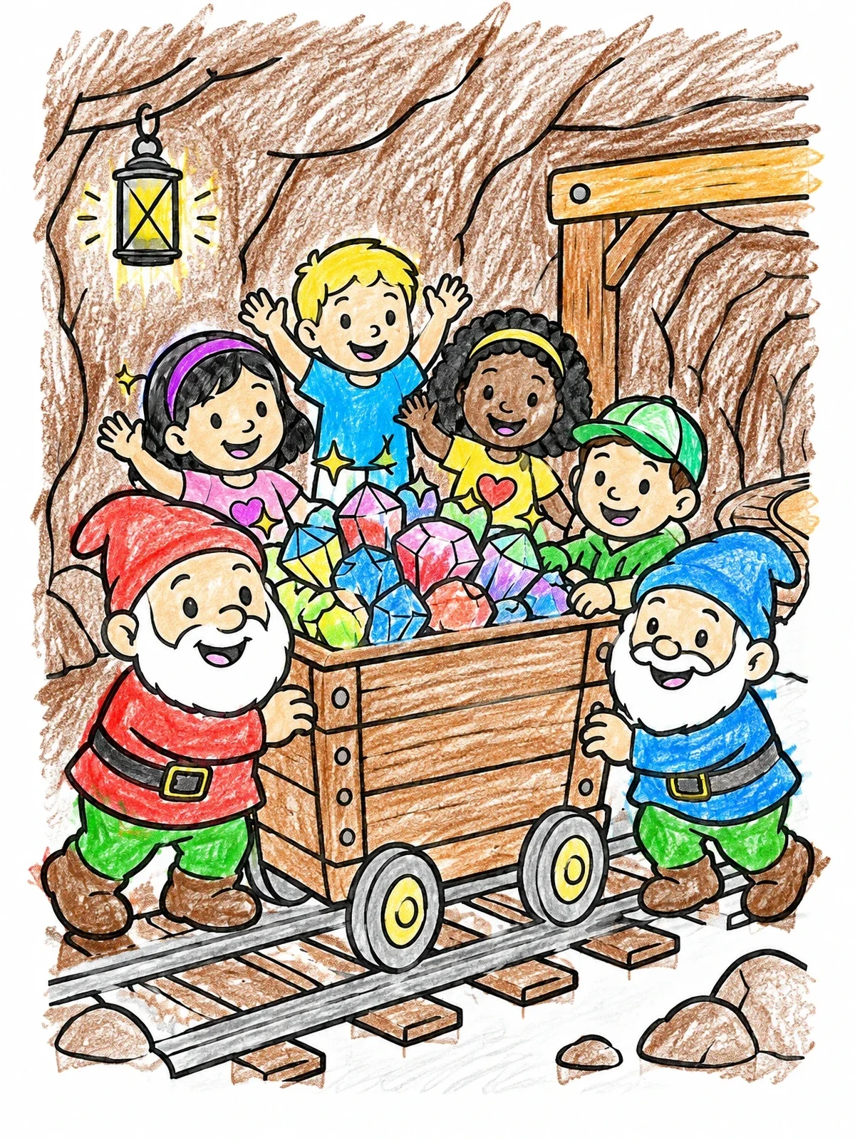 Colored example of the Dwarfs And Children At The Mine coloring page