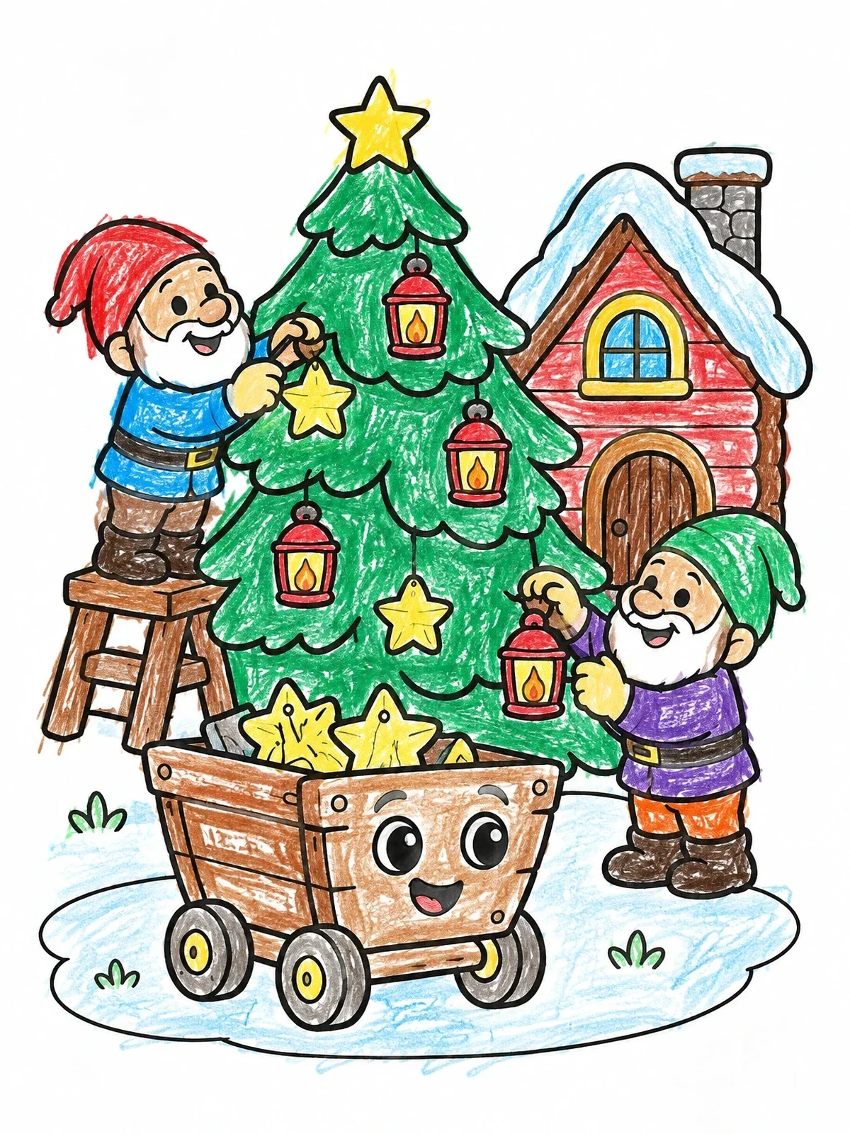 Colored example of the Dwarfs Decorating An Evergreen Tree coloring page