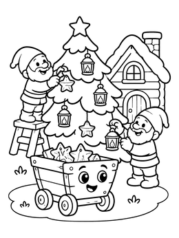 Free printable Dwarfs Decorating An Evergreen Tree coloring page