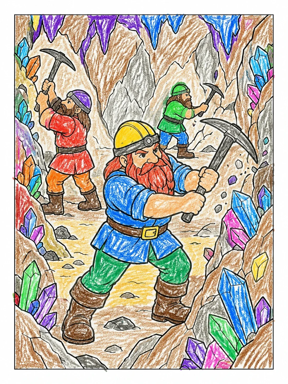 Colored example of the Dwarfs Mining Crystals In Cave coloring page