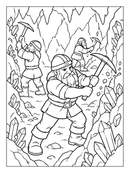 Dwarfs swing pickaxes in a crystal cave in this seven dwarfs coloring page.