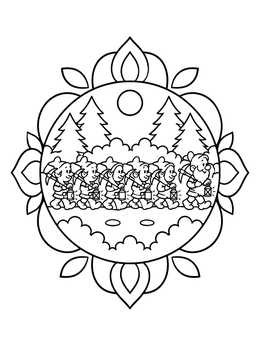 Free printable Dwarfs Marching Through Forest Mandala coloring page