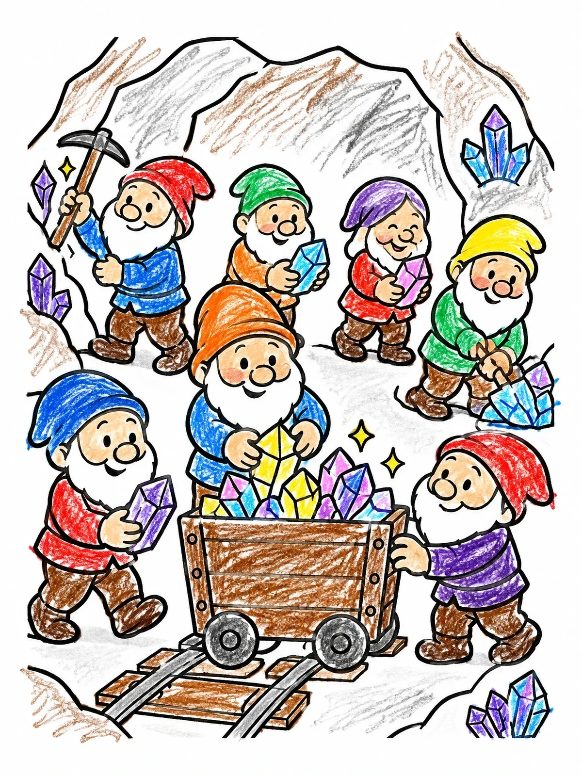 Colored example of the Seven Dwarfs Mining Crystals coloring page