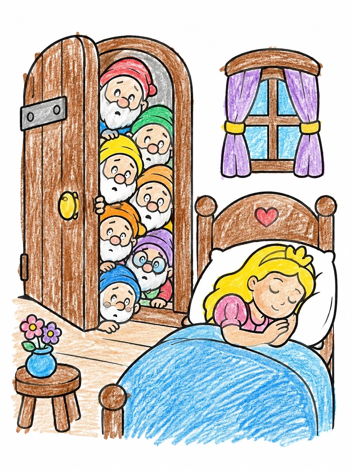 Colored example of the Seven Dwarfs Peeking At Sleeping Princess coloring page