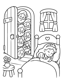 Free printable Seven Dwarfs Peeking At Sleeping Princess coloring page