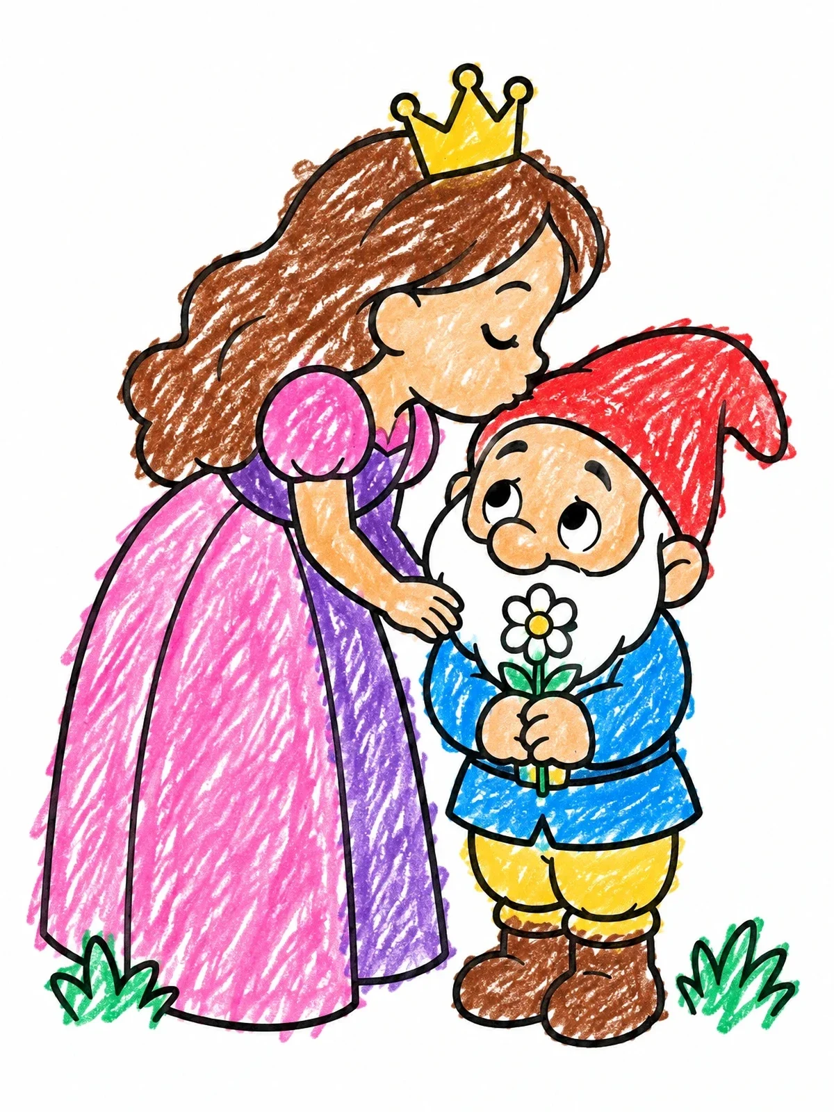 Colored example of the Princess Kissing A Shy Dwarf coloring page