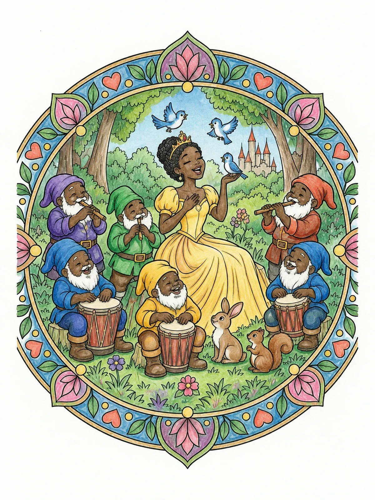 Colored example of the Princess And Musical Dwarfs Mandala coloring page