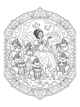 A princess singing with woodland friends on this seven dwarfs coloring page.