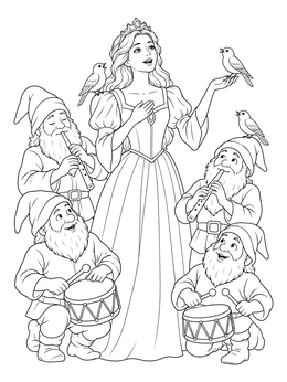 A princess sings with forest birds in this seven dwarfs coloring page with musical dwarfs.