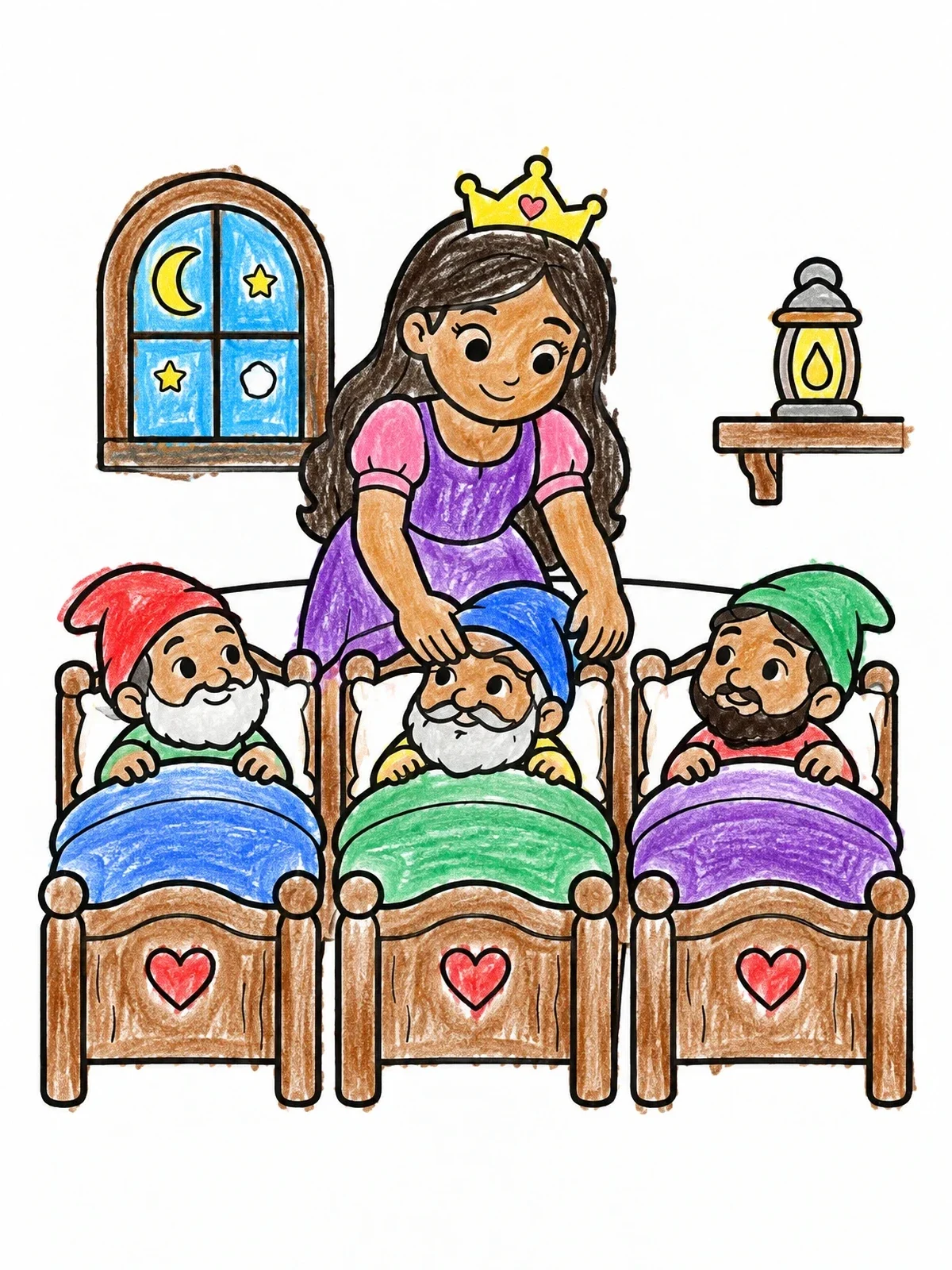 Colored example of the Princess Tucking Dwarfs Into Bed coloring page