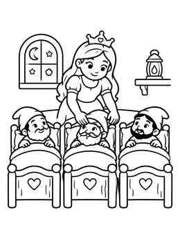 Free printable Princess Tucking Dwarfs Into Bed coloring page