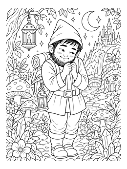 A bashful character in this seven dwarfs coloring page stands among giant mushrooms under a crescent moon.