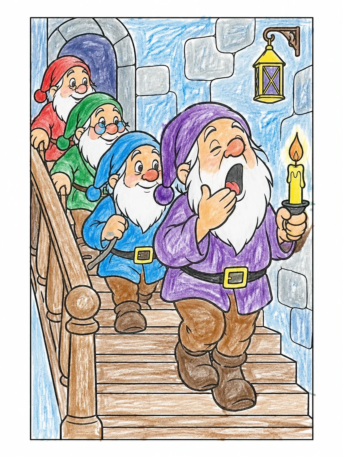 Colored example of the Sleepy Dwarfs Walking Downstairs At Bedtime coloring page
