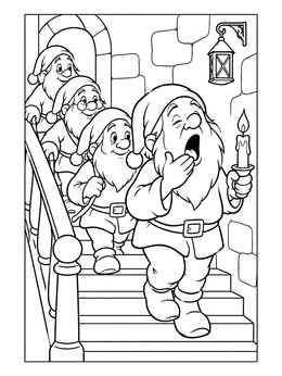 A yawning dwarf carries a candle leading friends in this seven dwarfs coloring page.