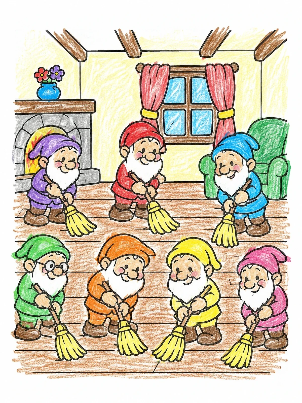 Colored example of the Seven Dwarfs Sweeping The Floor coloring page