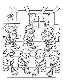 Free printable Seven Dwarfs Sweeping The Floor coloring page