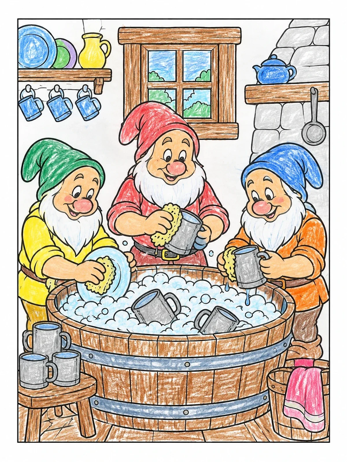 Colored example of the Dwarfs Doing Dishes In The Kitchen coloring page