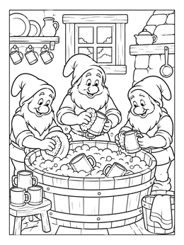Three cheerful dwarfs washing mugs in soapy water on this seven dwarfs coloring page.