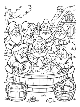 Free printable Seven Dwarfs Washing Dishes Outdoors coloring page