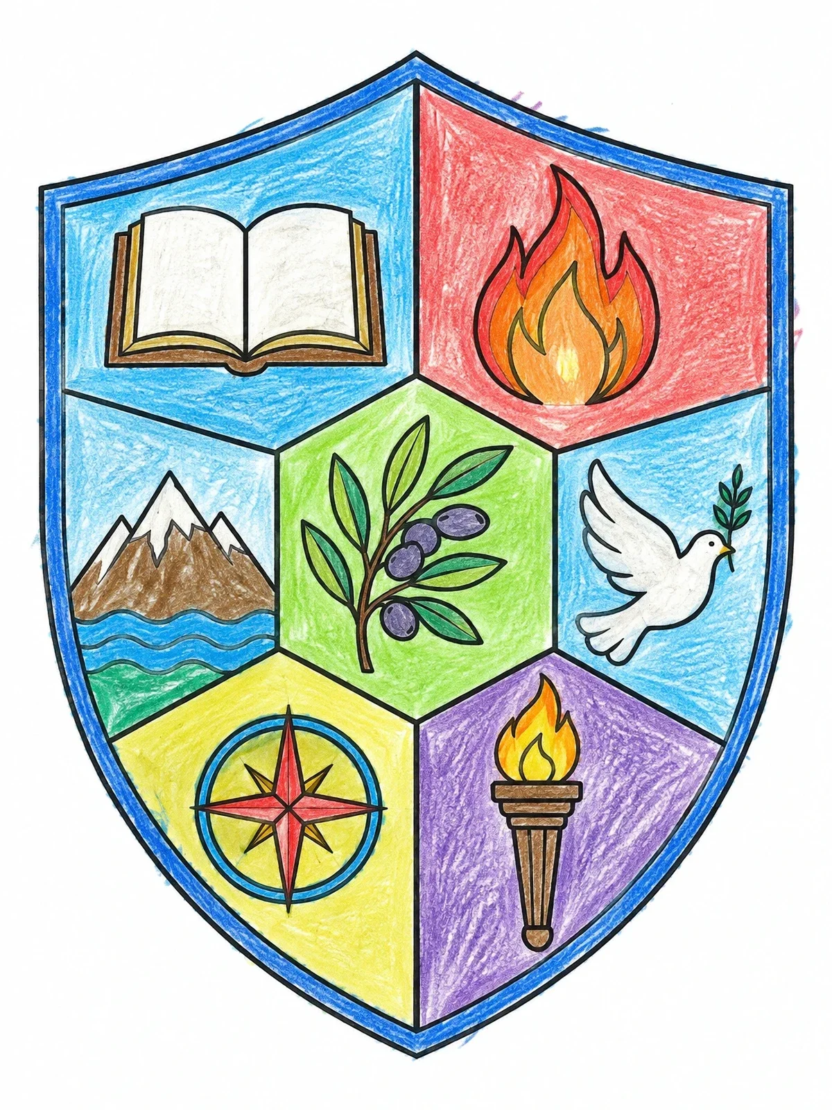 Colored example of the Seven Gifts Holy Spirit Shield coloring page