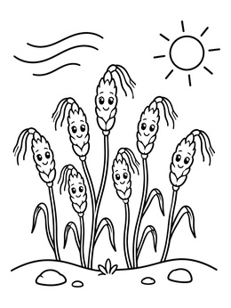 A sweet josephs dreams coloring page featuring seven cute smiling grain stalks under the sun.