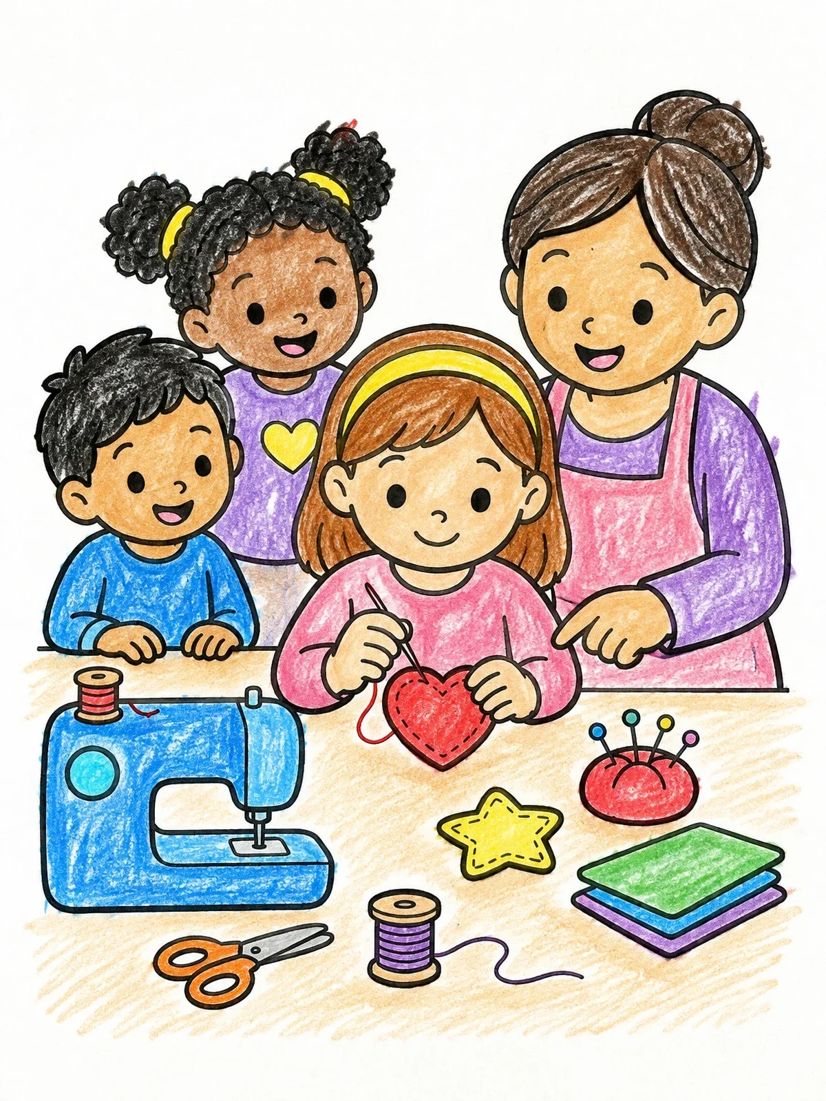 Colored example of the Children Learning To Sew With Teacher coloring page