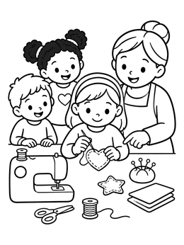 Free printable Children Learning To Sew With Teacher coloring page