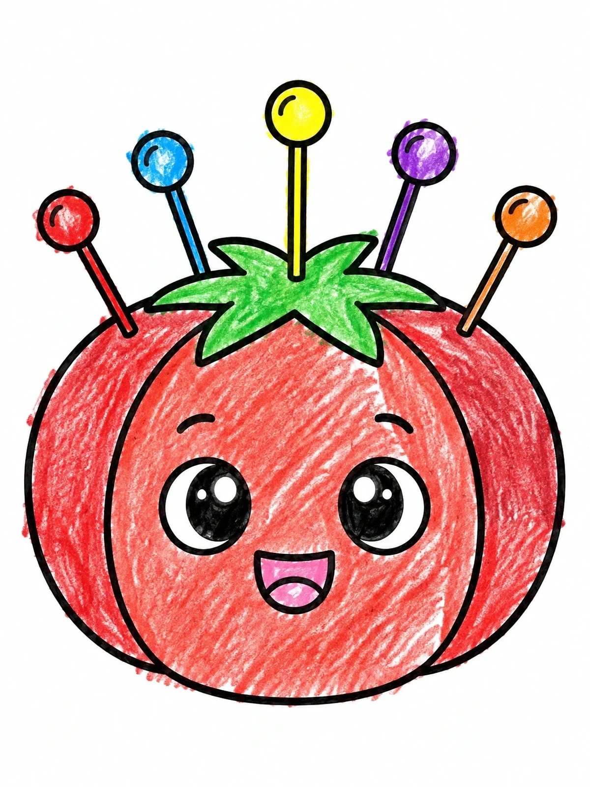 Colored example of the Happy Tomato Pincushion With Pins coloring page