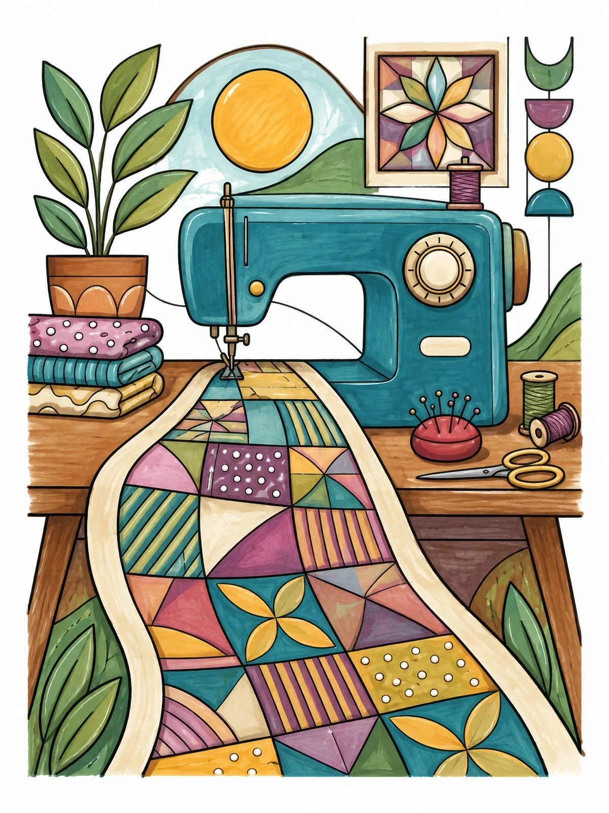 Colored example of the Sewing Machine Stitching Patchwork Quilt coloring page