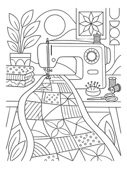 A detailed sewing coloring page featuring a machine stitching a patterned patchwork quilt.